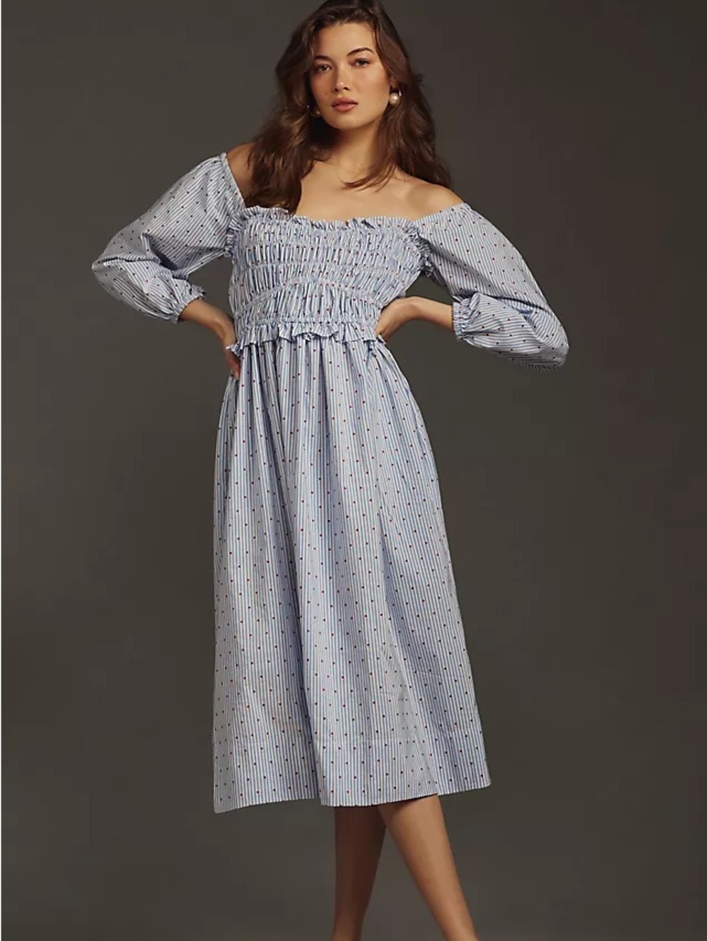 Maeve Blue White Stripe Red Embroidered Dot Smocked Off-Shoulder Midi Dress XS